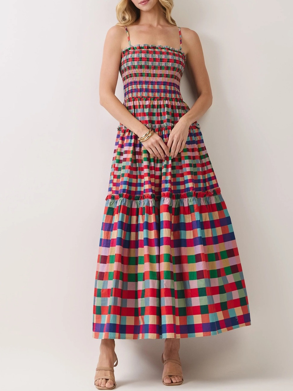 New TCEC Multicolor Checkered Smocked Maxi Dress
